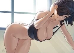 1girls big_ass big_breasts bottomless breasts chainsaw_man cleavage cutesexyrobutts_(style) eye_patch female female_only himeno_(chainsaw_man) kneeling light-skinned_female light_skin looking_at_viewer mappa nipple_bulge partially_clothed shirt_down shirt_pull short_hair smile smiling_at_viewer thick_thighs zefra_bleu