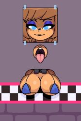 animatronic anthro bikini bikini_top blue_eyes bowtie breasts cally3d clazzey cryptiacurves eyeshadow fapwall fazclaire's_nightclub female five_nights_at_freddy's fnaf freckles freddy_(fnaf) fredina's_nightclub fredina_(cally3d) frenni_(cryptia) frenni_fazclaire fur furry furry_only glory_hole open_mouth scottgames shy_jaz stuck stuck_in_wall through_wall