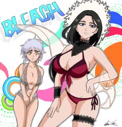 2girls age_difference asymmetrical_hair black_hair bleach bleach_brave_souls blue_eyes braids brown_eyes busty captain_and_lieutenant covering covering_crotch covering_self curvaceous curvy_female curvy_figure earrings embarrassed fat_breasts female female_only flat_belly hat hourglass_figure jewelry kotetsu_isane large_breasts looking_at_viewer mature mature_female mature_woman midriff multiple_girls older_female one-piece_swimsuit ponytail short_hair shounen_jump shy silver_hair summer_hat swimsuit take_your_pick taller_girl teacher_and_student unohana_retsu voluptuous yamazaki_guy younger_female