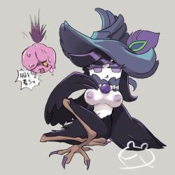 black_hair breasts candlelight_cookie cookie_run cookie_run_ovenbreak crowberry_cookie hand_on_breast harpy japanese_text nipples nude pearl_necklace simple_background smile smug tagme talons white_skin wings witch_hat