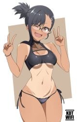 1girls big_breasts black_hair blush breasts brown_eyes clothed clothing curvy fangs female female_focus female_only glasses hayase_nagatoro hi_res highres kdtwifi lingerie long_hair looking_at_viewer one_eye_closed open_mouth peace_sign please_don't_bully_me,_nagatoro ponytail revealing_clothes simple_background smile solo solo_female swimsuit tan tan-skinned_female tan_body tan_skin tanline tanned tanned_female watermark wide_hips wink yellow_eyes