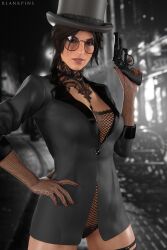 1girls 3d blankpins choker city cityscape female female_only firearm fishnet fit_female glasses gun handgun hat human jacket lara_croft lara_croft_(survivor) muscular_female noir pale_skin prostitute pubes_exposed pubic_hair revolver round_glasses slutty_outfit solo street tomb_raider tophat weapon