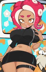 1girls agent_8_(octo_expansion) agent_8_(splatoon) big_breasts black_skirt blush breasts captain_cuttlefish clothing jellcaps navel nintendo octoling octoling_girl open_mouth short_hair skirt splatoon splatoon_2 splatoon_2:_octo_expansion tagme tentacle_hair tongue