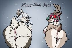 2girls anthro anus ass big_ass bratcatt breasts cervine deer duo english_text female female_only fur furry furry_only hi_res looking_back nude presenting presenting_anus presenting_hindquarters presenting_pussy pussy solo tail text thick_thighs wink