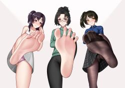 3girls absurdres amelia_moreau ana_xenakis barefoot black_hair brown_eyes dress feet foot_fetish foot_focus from_below glasses grief_(series) highres long_hair looking_at_viewer multiple_girls panties panties_under_pantyhose pantyhose pantyshot ponytail rita_fujimori skirt smile soles toes underwear upskirt yellow_eyes