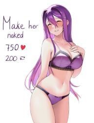 big_breasts both_eyes_closed bow_bra bow_panties bra breasts cleavage closed_eyes doki_doki_literature_club english_text heart_icon long_hair machulanko matching_underwear number numbers panties purple_bra purple_hair purple_panties retweet_icon strip_game text white_hair yuri_(doki_doki_literature_club)