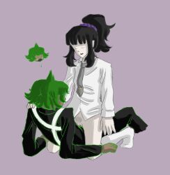 1boy 1girls black_hair blush bottomless closed_eyes cowgirl_position danganronpa danganronpa_another fanganronpa green_hair half-dressed kurokawa_mikako otori_teruya straight_hair vaginal_penetration