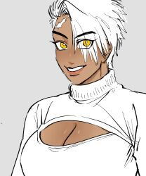 big_breasts brown_skin cleavage cleavage_cutout female female_only genderswap_(mtf) hair_over_one_eye kengan_(series) kengan_ashura kengan_omega keyhole keyhole_turtleneck looking_at_viewer mahuri partially_colored rule_63 short_hair smile solo sweater tan_skin tomboy turtleneck upper_body very_short_hair yellow_eyes yoroizuka_saw_paing