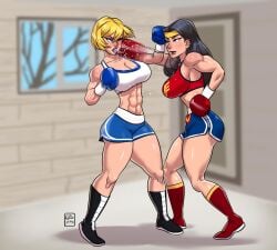 2girls alien alien_girl athletic athletic_female big_breasts blonde_hair blue_boxing_gloves blue_eyes blue_gloves bob_cut boxer boxing boxing_gloves boxing_shoes breasts busty cleavage curvaceous curvy curvy_figure dc dc_comics demigod demigoddess diana_prince digital_media_(artwork) eyebrows eyelashes eyes female female_only fighter fighting_ring fit fit_female gabocaricaturas galatea gloves hair hero heroine hips hourglass_figure huge_breasts human humanoid justice_league kryptonian large_breasts legs lower_body medium_hair red_boxing_gloves red_gloves short_hair superhero superheroine superman_(series) thick thick_legs thick_thighs thighs toned toned_female upper_body voluptuous watermark wide_hips wonder_woman wonder_woman_(series)