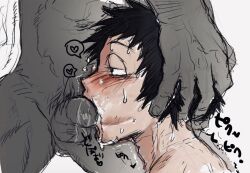 2boys aged_down black_hair blowjob blush cheek_bulge colored_sketch cum cum_in_mouth fellatio gay half-closed_eyes hand_on_another's_head head_grab kengan_(series) kengan_ashura kuso_chihuahua male male_only meguro_masaki oral penis sketch sloppy spoken_heart sweat uncensored yaoi