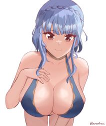 1girls alternate_costume bare_thighs bent_over bikini blue_bikini blue_hair blue_swimsuit braid breasts brown_eyes cleavage daymandraws female female_only fire_emblem fire_emblem:_three_houses fire_emblem_heroes large_breasts leaning_forward light_blue_hair looking_at_viewer marianne_von_edmund nintendo official_alternate_costume short_hair smile solo swimsuit thighs white_background