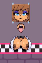 animatronic anthro blue_eyes bowtie breasts cally3d clazzey clothed clothing cryptiacurves eyeshadow fapwall fazclaire's_nightclub female five_nights_at_freddy's fnaf freckles freddy_(fnaf) fredina's_nightclub fredina_(cally3d) frenni_(cryptia) frenni_fazclaire fur furry furry_only glory_hole open_mouth scottgames shy_jaz stuck stuck_in_wall through_wall