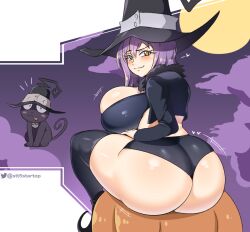 1girls ass big_ass big_breasts blair_(soul_eater) breasts eye_contact female female_only huge_ass huge_breasts looking_at_viewer looking_back sitting solo soul_eater startop witch_hat yellow_eyes