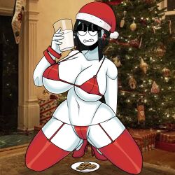 1girls black_hair bra bracelet christmas cleavage cookie cup ear_piercing earrings female female_only garter_belt garter_straps goth goth_girl heels huge_breasts indoors kneeling looking_at_viewer milk on_knees panties piercing plate saltynoodles shoes snack solo thick_thighs thighhighs veronica_(saltynoodles) white_skin wide_hips