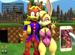 1girls 2boys 3d 3d_(artwork) antoine_d'coolette bunnie_rabbot cellphone cuckold devilstophat early_pregnancy furry pov pregnant sonic_(series) source_filmmaker tagme text