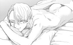 ass bed_sheet blanket hair_over_one_eye male male_focus monochrome naked_sheet on_stomach one_eye_closed pillow screentones shirikawa viktor_nikiforov yuri!!!_on_ice