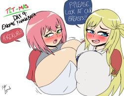 2girls blonde_hair blue_eyes blush breastplate breasts bust_portrait enome futoku_no_guild gigantic_breasts green_eyes hanabata_nohkins huge_breasts massive_breasts mr.lewd nipple_bulge pink_hair symmetrical_docking tit-mas_(mr.lewd)