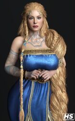 1girls 3d 3d_(artwork) abs aesir_(norse_mythology) athletic athletic_female big_breasts blonde_hair blue_eyes braided_hair breasts busty cleavage dress female female_only fit fit_female front_view god god_of_war god_of_war_ragnarok goddess grey_background hagiwara_studio hourglass_figure huge_breasts large_breasts light-skinned_female light_skin long_hair looking_away milf norse_mythology pinup realistic red_lips sif_(god_of_war) solo solo_female sony_interactive_entertainment tattoo tattooed_arm tattoos toned toned_female twitter_username