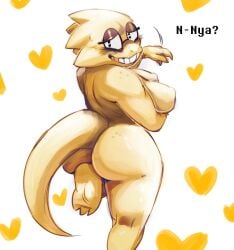 1girls 2d alphys anthro ass breasts bubble_butt buckteeth female female_focus female_only glasses hearts huge_breasts looking_at_viewer nerdy nerdy_female nipples nude nude_female peeposleepr reptile reptile_humanoid smile solo solo_female solo_focus tail text undertale undertale_(series) yellow_body