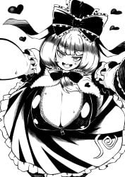 absurdres bangs breasts cleavage dress female frilled_dress frilled_ribbon frills front_ponytail gigantic_breasts highres himajin_noizu kagiyama_hina long_dress looking_at_viewer medium_hair puffy_short_sleeves puffy_sleeves ribbon short_sleeves solo spinning touhou