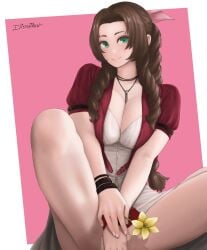 1girls aerith_gainsborough cleavage convenient_censoring covered_pussy dismaiden female female_only final_fantasy final_fantasy_vii legs legs_together light-skinned_female sitting square_enix upskirt