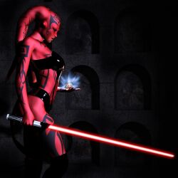 1girls 3d aphrodite-ns darth_talon female female_only holocron latex latex_clothing lightsaber red_lightsaber red_skin side_view sith sith_holocron sith_lady solo standing star_wars star_wars:_legacy star_wars_legends sword tattoo tattoos twi'lek weapon yellow_eyes