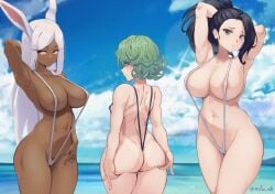 3girls animal_ears areolae artist_signature ass back_to_viewer big_breasts blush breasts cameltoe crossover curly_hair dark-skinned_female dark_eyes embarrassed female female_only green_eyes green_hair hands_behind_head hi_res light-skinned_female looking_at_viewer micro_bikini miruko momo_yaoyorozu multiple_girls my_hero_academia nsfw_oa ocean one-punch_man rabbit_ears red_eyes rumi_usagiyama sky sling_bikini tanline tatsumaki white_hair