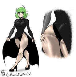 1girls ass dress dress_lift female female_only fobi green_eyes green_hair high_heels hips legs one-punch_man panties sleeves solo solo_female tatsumaki