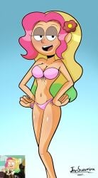 1girls 2022 aged_up amphibia belly belly_button bikini blush cleavage colored_hair disney disney_channel disney_xd flower glistening_body hand_on_hip javisuzumiya looking_at_viewer molly_jo pinup posing signature smooth_skin solo solo_female solo_focus standing swimsuit thighs