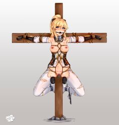 absurdres blonde_hair bondage bound cameo censored crucifixion female gag genshin_impact highres jean_gunnhildr long_hair mosaic_censoring mutsu_(kantai_collection) mutsu_(snail) purple_eyes restrained rope rope_bondage shibari skiox slave solo torn_clothes white_sleeves