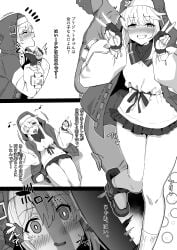 2boys big_penis blush bridget bridget_grin censored fingerless_gloves fully_clothed gloves greyscale guilty_gear guilty_gear_strive happy hoodie kneeling long_hair male male_only monochrome mosaic_censoring penis penis_awe ramanda smile surprised text thick_thighs thighs translation_request