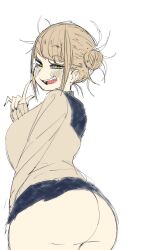 1girls alternate_breast_size ass big_ass big_breasts blush breasts clothed coffing_(artist) color double_bun edit eye_contact female female_only half-closed_eyes himiko_toga human large_breasts looking_at_viewer looking_back my_hero_academia no_panties presenting_hindquarters sharp_teeth shirt short_hair sideboob skirt smile teeth thick_thighs white_background wide_hips