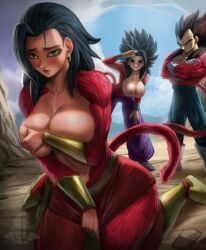 1boy 2girls arms_crossed big_breasts black_hair blush breasts caulifla covered_breasts covering_breasts dragon_ball dragon_ball_super ear_piercing earrings elitenappa embarrassed female female_saiyan green_eyes huge_breasts kale kneeling leaning_forward male muscular muscular_male nipples on_knees outside pants piercing red_fur saiyan super_saiyan_4 sweat tail topless vegeta