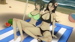 2girls 3d beach bikini bikini_bottom bikini_top breasts cleavage danganronpa danganronpa_2:_goodbye_despair female female_only genderswap_(mtf) heart-shaped_pupils hinata_hajime izuru_kamukura jedash01 koikatsu large_breasts multiple_girls rule_63 straight_hair super_danganronpa_2