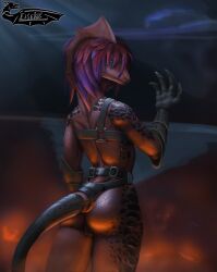 anthro ass blue_eyes clothing divinity:_original_sin_2 divinity_(series) eisekil female fin furgonomics genitals glistening glistening_body glistening_scales gloves handwear harness head_fin hi_res human lizard lizard_(divinity) looking_at_viewer looking_back looking_back_at_viewer mammal mostly_nude pussy rear_view reptile scales scalie solo