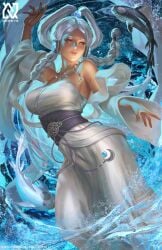 1girls avatar_legends avatar_the_last_airbender blue_eyes breasts clothed_female clothing dark-skinned_female dark_skin female female_only high_resolution jewelry la_(avatar) large_breasts large_filesize long_hair necklace nopeys paipan princess royalty solo solo_female solo_focus spirit spirit_(avatar) tui_(avatar) uncensored very_high_resolution water white_hair yue