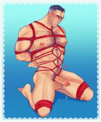 balls bara bara_tits bondage dilf erect_penis erection incubita male male_bondage male_only older_male overwatch overwatch_2 pecs penis penis_bondage rope rope_bondage sigma_(overwatch) solo solo_male