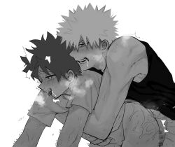 2boys anal anal_sex doggy_style from_behind_position gay_sex heart-shaped_pupils hugging_from_behind izuku_midoriya katsuki_bakugou khyvafterdark male male_penetrating monochrome my_hero_academia saliva spiky_hair sweat taken_from_behind tongue_out yaoi