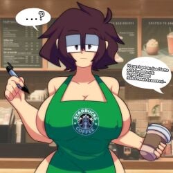 1girls ? apron big_breasts breasts brown_hair glasses hyper_breasts iced_latte_with_breast_milk lueduar lueduartv lulú_(lueduar) meme short_hair solo speech_bubble starbucks text text_bubble