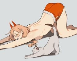 1girls ass_up breast_press chainsaw_man dolphin_shorts feline grin long_hair meowy_(chainsaw_man) porqueloin power_(chainsaw_man) shorts top-down_bottom-up topless