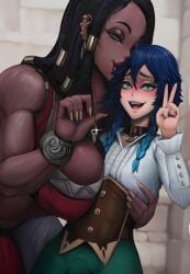 1boy 1futa 2d 2d_(artwork) big_breasts blue_hair blush breasts clothed clothed_futa clothed_male clothing dark-skinned_futa dark_skin dickgirl duo femboy feminization fully_clothed futa/male futa_with_male futadom futanari genshin_impact high_quality high_resolution highres huge_breasts human intersex large_breasts light-skinned_male light_skin looking_at_viewer male malesub muscles muscular muscular_arms muscular_futa no_text_version picturd size_difference standing textless textless_version v_sign venti_(genshin_impact)