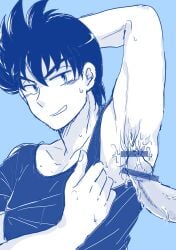 2boys aged_up armpit_sex armpits bakusou_kyoudai_let's_and_go blush cum cum_on_armpit embarrassed ethusa facial_hair gay go_seiba grin male male_only short_hair stubble t-shirt yaoi