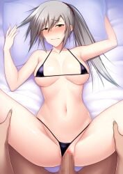 1boy bangs bikini black_bikini blush breasts censored closed_mouth female grey_hair hair_ornament hair_scrunchie highres ikki_(tue_sein_bestes) large_breasts long_hair looking_at_viewer lying maji_de_watashi_ni_koi_shinasai! micro_bikini mosaic_censoring navel on_back on_bed penis pillow ponytail red_scrunchie scrunchie sex solo_focus straight swimsuit tachibana_takae vaginal_penetration yellow_eyes