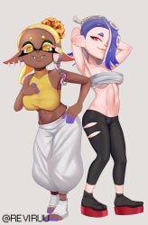 2girls abs armpits arms_behind_head arms_up background barefoot big_breasts clothed clothes dark-skinned_female dark_skin deep_cut_(splatoon) frye_(splatoon) idol inkling inkling_girl light-skinned_female light_skin looking_at_viewer nintendo octoling octoling_girl reviruu shiver_(splatoon) shoes simple_background solo_female splatoon splatoon_(series) splatoon_3