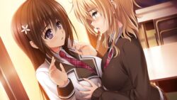 2girls arishima_mayu black_hair blonde_hair blue_eyes blush breast_grab breasts classroom desk evening female game_cg highres large_breasts long_hair multiple_girls norita osanai_miyu purple_eyes school_uniform semiramis_no_tenbin short_hair standing yuri