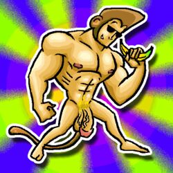 1boy abs animated animated_gif anthro_only balls ballsack banana brown_hair cartoon_network circumcised dangling_testicles facial_hair flaccid_penis full_body haplorhine holding_object humanoid johnny_bravo johnny_bravo_(series) kemonomimi large_balls large_penis low_hanging_balls male male_nipples male_only male_pubic_hair monkey monkey_boy multicolored_background muscles muscular_male nude_male pecs penis primate round_ears scrotum sideburns solo sunglasses tail testicles veiny_penis