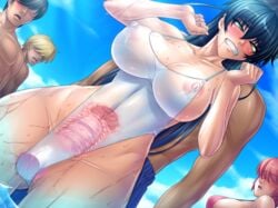 ahe_gao beach breasts cross_section edit erect_nipples female igawa_asagi kagami large_breasts lilith-soft multiple_boys one-piece_swimsuit public pussy_juice see-through see-through_swimsuit swimsuit taimanin_asagi taimanin_asagi_battle_arena uncensored vibrator vibrator_bulge vibrator_under_clothes x-ray