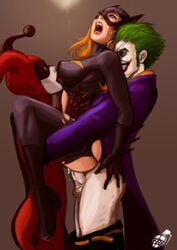 1boy 2girls batgirl batman_(series) blonde_hair blood breast_lick breasts crying cum cum_in_pussy cum_inside dc dc_comics defloration deflowering female female_virgin ffm_threesome green_eyes green_hair grin harley_quinn harley_quinn_(classic) joker large_breasts licking looking_at_viewer makeup male open_mouth orange_hair overflow penis perky_breasts rape reverse_suspended_congress short_hair stephanie_brown tear tears the_joker threesome tinkerbomb torn_clothes vaginal_blood vaginal_penetration veiny_penis white_skin yellow_eyes