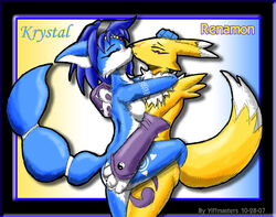 3_fingers anthro ass ass_grab black_nose blue_fur blue_hair blush breast_press breasts character_name claws closed_eyes color crossover digimon female female_only fox fur furry furry_ass furry_breasts furry_ears furry_tail hair hugging interspecies kissing krystal multiple_females nude pointy_ears renamon short_hair side_view species_name standing star_fox tail white_fur yellow_fur yiffmasters yuri