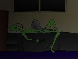 bed closed_mouth completely_naked completely_nude eyebrows eyes gir_(invader_zim) green_skin invader_zim naked nickelodeon night night_sky nude on_bed robot smooth_skin tagme zim